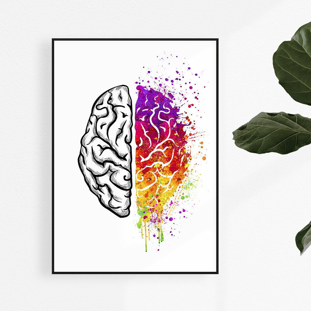 Watercolor print illustrating left brain logic vs. right brain creativity, ideal for psychology or art spaces.