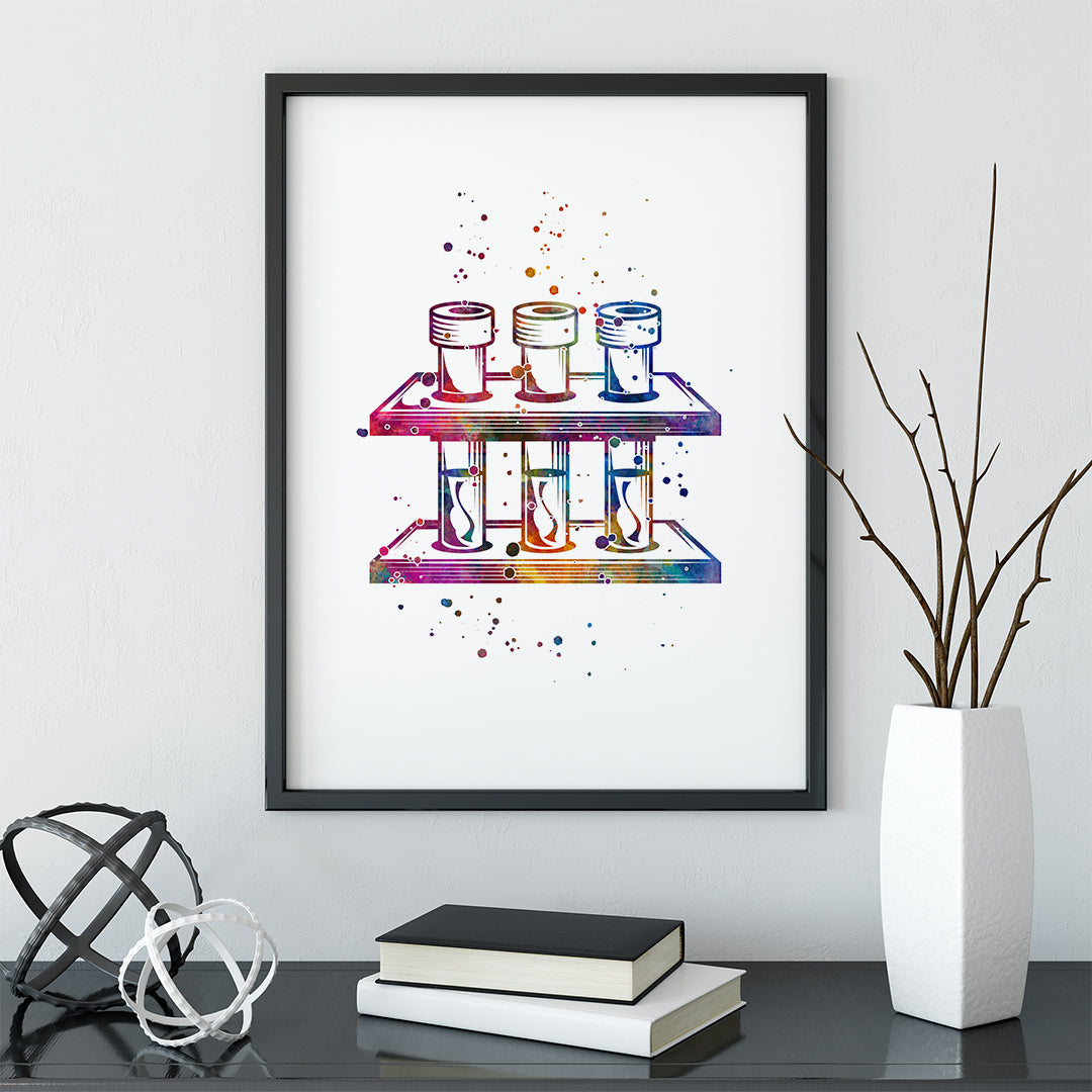 Colorful Science Watercolor Print, Tripod with Test Tubes, Chemistry Lab Wall Art for Scientists, Teachers, and Students
