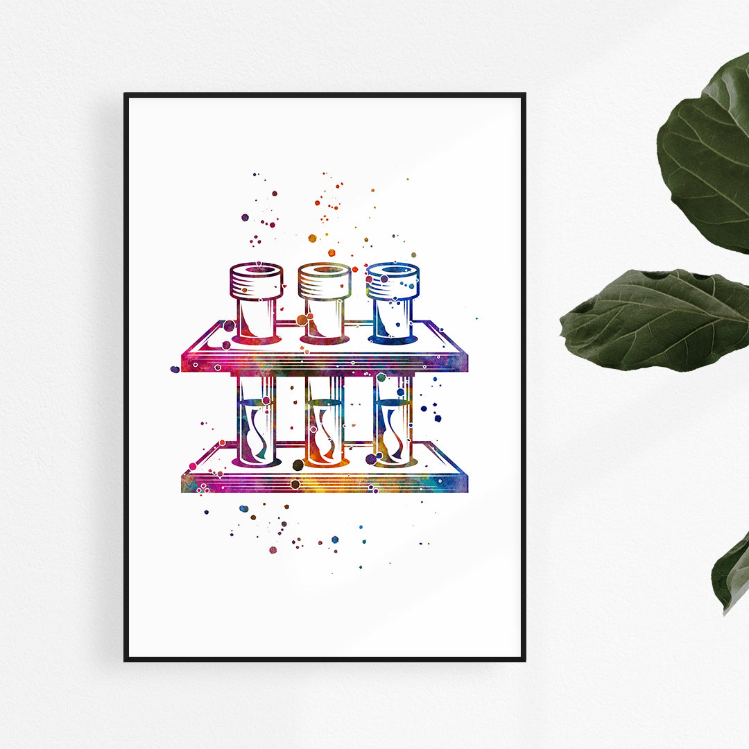 Colorful Science Watercolor Print, Tripod with Test Tubes, Chemistry Lab Wall Art for Scientists, Teachers, and Students