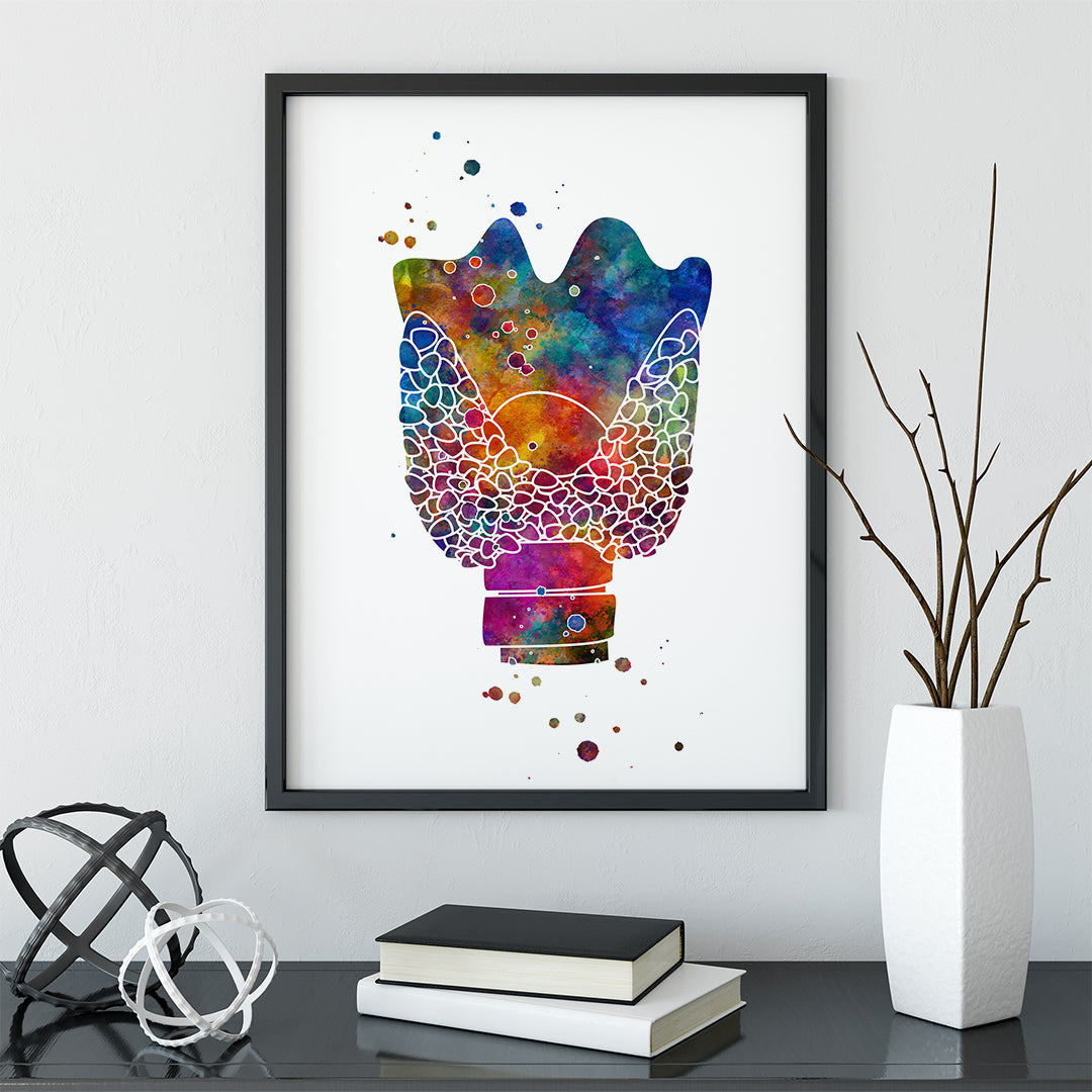 Colorful watercolor illustration of the thyroid gland anatomy, suitable for clinic or medical office wall decor.