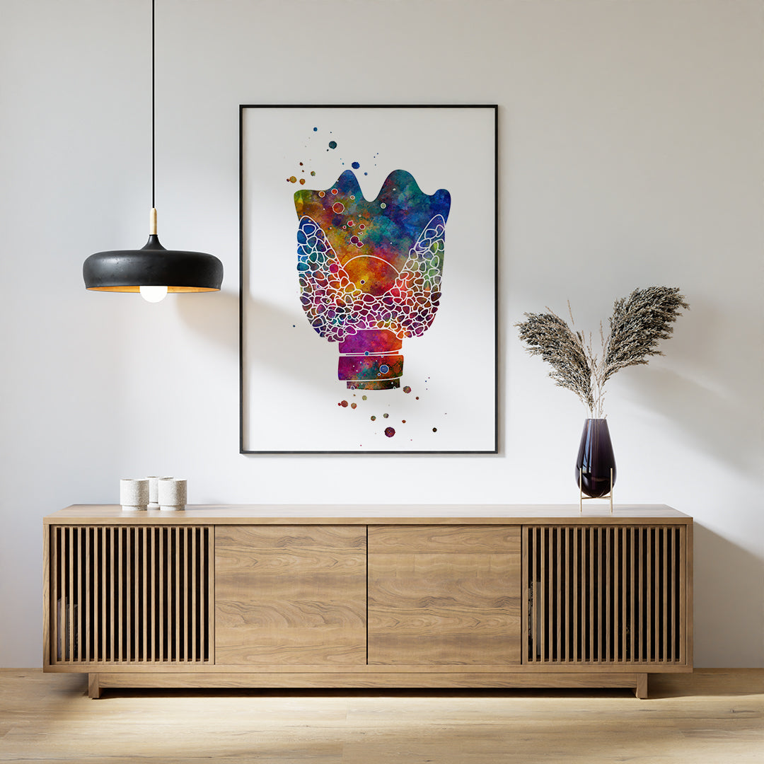 Anatomical thyroid gland watercolor print featuring bright hues, great for medical students or endocrinology professionals