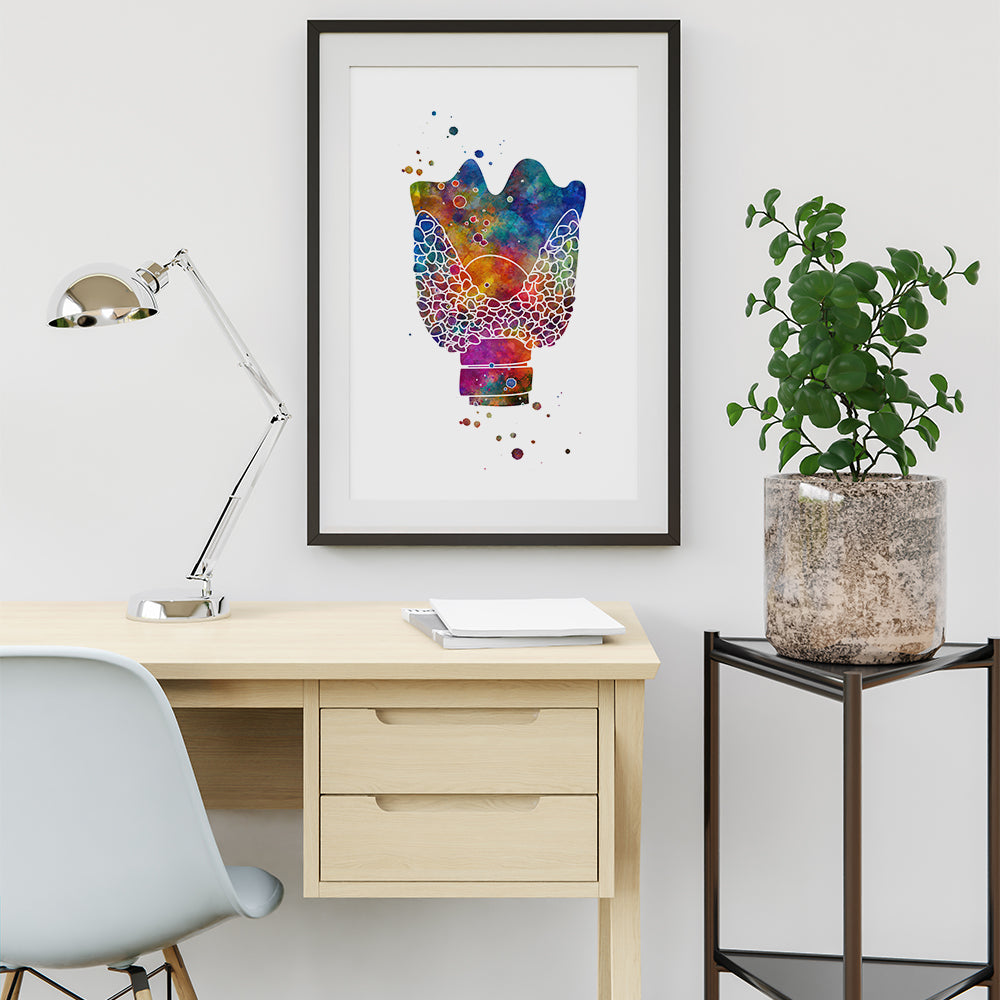 Detailed anatomical thyroid gland watercolor print in vivid colors, ideal for doctors and healthcare professionals