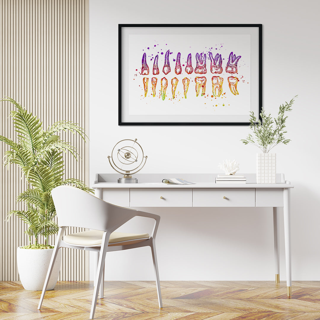 Teeth Diagram Watercolor Print – Colorful Dental Wall Art