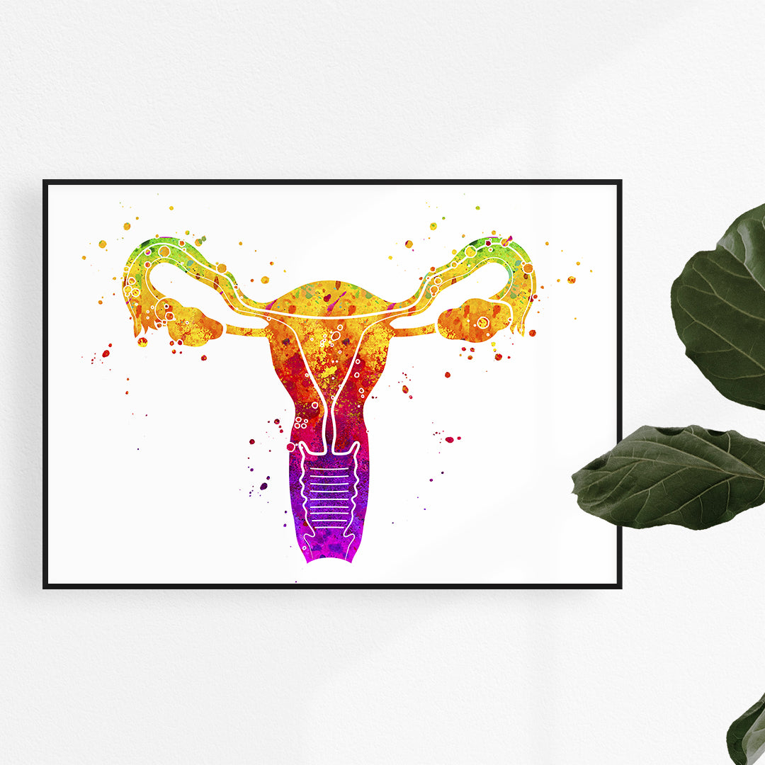 Uterus print in orange, yellow, and red hues on textured paper, perfect for fertility clinics and gynecologist office decor.