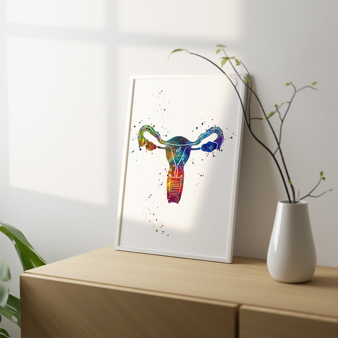 Female reproductive system art print with a focus on the uterus, beautifully painted in watercolor, perfect for healthcare spaces