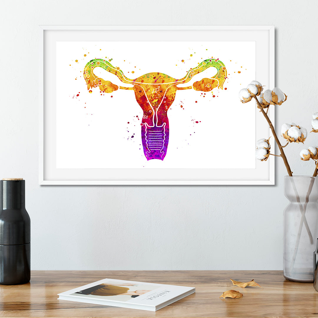 Watercolor art print of the human uterus in vibrant orange, yellow, and red, printed on premium textured paper, ideal for reproductive health centers