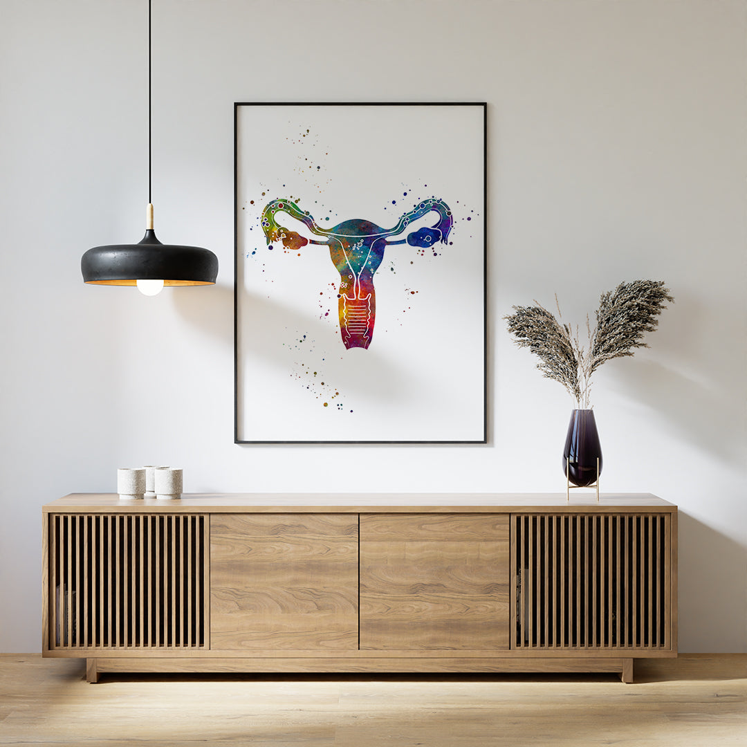 Detailed uterus anatomy in vibrant watercolor, ideal for OB-GYN clinics, women's health offices, or med school decor.