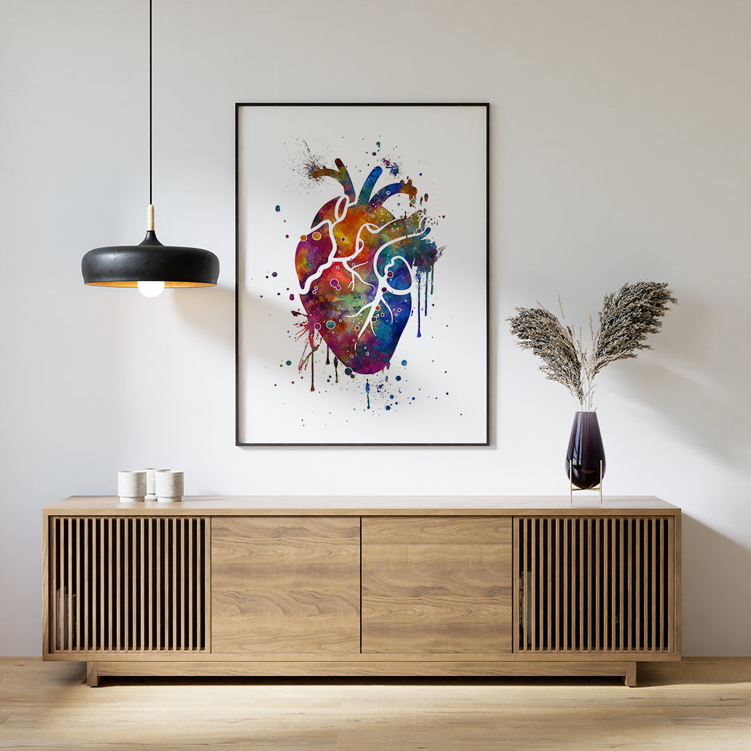 Artistic multicolored human heart watercolor print, on premium textured paper, ideal for doctors, nurses, or medical graduates