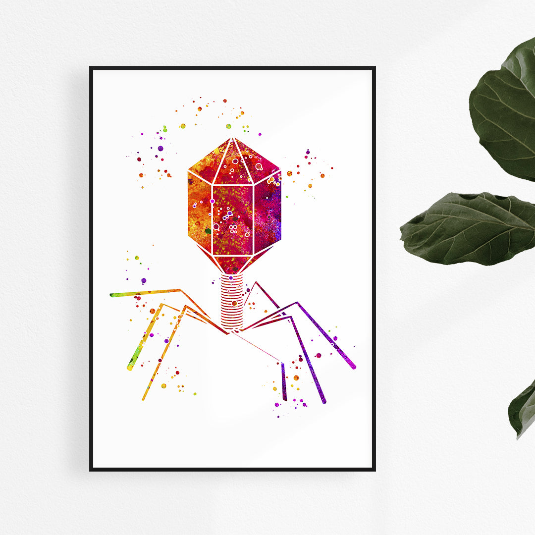 Vibrant watercolor print of a bacteriophage virus, blending science and art for unique wall decor.