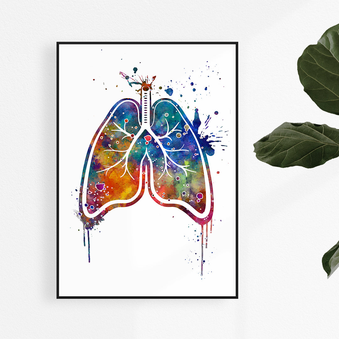 Colorful human lung anatomy watercolor print, perfect medical art for pulmonologists and respiratory specialists’ office decor