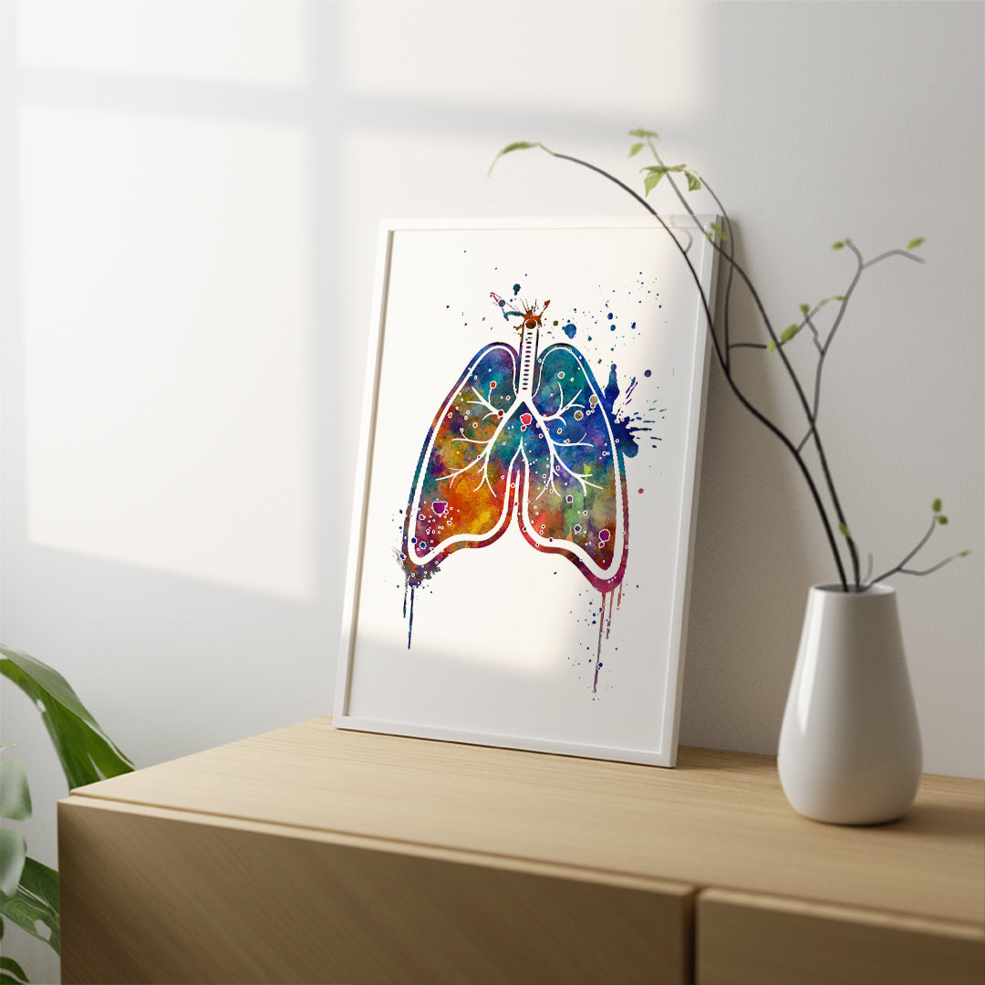 Lung anatomy art print in vibrant watercolor, perfect medical office decor for doctors specializing in pulmonology and respiratory care